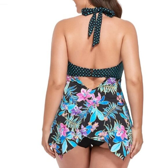 Neon Tropical Print Handkerchief Halter Tankini, Size 22 - Picture 2 of 5